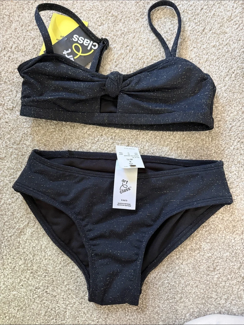 NWT Girls Black Gold Sparkle Knot-Front Two-Piece Swim Set Size Small 6/7